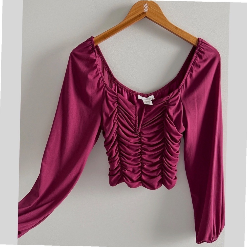 Kirious Ruched Long Sleeve‎ Crop Top Magenta Purple Textured Y2K Boho Feminine M